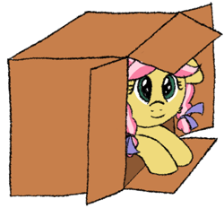 Size: 1166x1084 | Tagged: safe, artist:craftycirclepony, kettle corn, pony, g4, bow, box, cardboard box, cute, female, filly, foal, hair bow, hiding, lying down, pony in a box, simple background, smiling, solo, white background