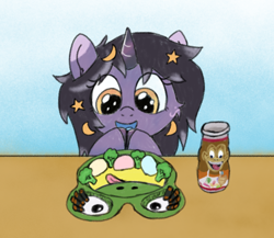 Size: 1436x1246 | Tagged: safe, artist:craftycirclepony, oc, oc only, oc:rivibaes, pony, unicorn, broccoli, cute, danimals, excited, female, filly, foal, food, hair accessory, hoof tapping, mochi, nori maki, open mouth, plate, smiling, snacks, solo, table, yogurt, zoo pals