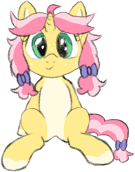 Size: 565x720 | Tagged: safe, artist:craftycirclepony, oc, oc only, oc:crafty circles, pony, unicorn, bow, coat markings, cute, female, filly, foal, freckles, hair bow, looking at you, simple background, sitting, socks (coat markings), solo, spread legs, spreading, transparent background