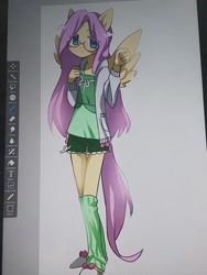 Size: 960x1280 | Tagged: source needed, safe, alternate version, artist:torugann, fluttershy, human, pegasus, g4, bow, clothes, gaiters, humanized, long hair, looking at you, photo, picture of a screen, shirt, shorts, slippers, solo, sweater, sweatershy, wings, wip