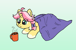 Size: 1272x834 | Tagged: safe, artist:craftycirclepony, oc, oc only, oc:crafty circles, pony, unicorn, blanket, bow, chocolate, coat markings, cute, female, filly, foal, food, freckles, gradient background, hair bow, hot chocolate, lying down, mug, prone, smiling, socks (coat markings), solo