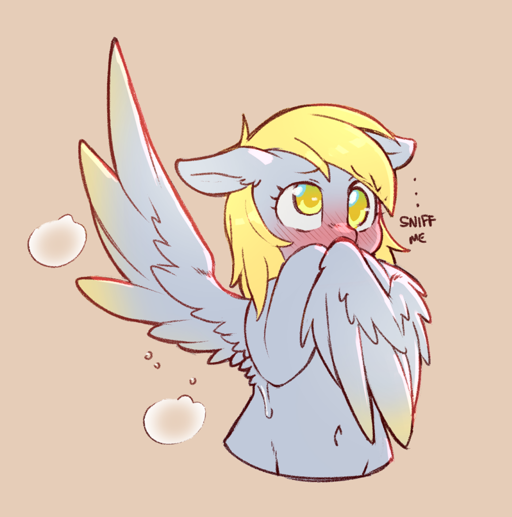 [artist:cold-blooded-twilight,belly button,bipedal,blushing,derp,derpy hooves,dialogue,female,g4,mare,pegasus,pony,safe,simple background,solo,sweat,wings,two toned wings,colored wings,raised wing]