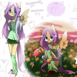 Size: 1280x1280 | Tagged: source needed, safe, alternate version, artist:torugann, fluttershy, human, pegasus, g4, bow, clothes, cyrillic, flower, gaiters, garden trowel, humanized, long hair, looking at you, shirt, shorts, signature, slippers, solo, sweater, sweatershy, text, trowel, watering can, wings