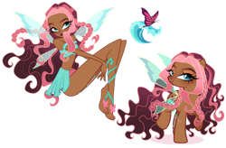 Size: 1280x840 | Tagged: safe, artist:gihhbloonde, fluttershy, human, pony, equestria girls, g4, aisha, bare midriff, bare shoulders, barefoot, belly button, braid, closed mouth, clothes, crossover fusion, eyeshadow, fairy wings, feet, female, floating, fusion, gradient hair, gradient mane, gradient tail, layla, lightly watermarked, makeup, mare, moderate dark skin, nail polish, off shoulder, raised hoof, simple background, sleeveless, smiling, sparkly, spread wings, standing on two hooves, strapless, tail, transparent background, transparent wings, turned head, watermark, wings, winx club