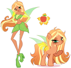 Size: 2668x2559 | Tagged: safe, artist:gihhbloonde, applejack, human, pony, equestria girls, g4, bare midriff, bare shoulders, belly, belly button, boots, closed mouth, clothes, crossover fusion, detached sleeves, fairy wings, female, flora (winx club), freckles, fusion, gradient hair, gradient mane, gradient tail, green eyes, hand on hip, high heels, lightly watermarked, looking at you, mare, off shoulder, raised hoof, shoes, simple background, skirt, sleeveless, smiling, sparkly, sparkly wings, spread wings, standing, strapless, tail, thin, transparent background, transparent wings, watermark, wings, winx club