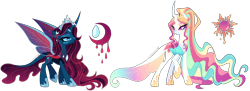 Size: 4656x1702 | Tagged: safe, artist:gihhbloonde, oc, oc only, unnamed oc, changedling, changeling, changepony, hybrid, g4, blue sclera, changedling oc, changeling oc, colored sclera, cousins, crown, duo, ethereal mane, eyeshadow, female, folded wings, frown, gradient mane, gradient tail, grin, hoof shoes, horn, horn ring, interspecies offspring, jewelry, lightly watermarked, long mane, long tail, magenta eyes, makeup, mare, not celestia, not luna, offspring, open mouth, parent:pharynx, parent:princess celestia, parent:princess luna, parent:thorax, parents:lunarynx, parents:thoralestia, pink sclera, ponytail, princess shoes, raised hoof, regalia, ring, siblings, simple background, sisters, smiling, sparkly mane, sparkly tail, sparkly wings, spread wings, standing, tail, teal eyes, transparent background, transparent wings, turned head, watermark, wings