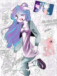Size: 962x1280 | Tagged: safe, artist:torugann, cozy glow, princess cadance, princess flurry heart, alicorn, earth pony, human, pony, g4, among us, bags under eyes, clothes, cute, cyrillic, female, gaiters, humanized, implied princess cadance, older, older flurry heart, pony ears, shirt, shoes, sneakers, solo, sweater, text, toy, wings