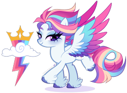 Size: 2609x1921 | Tagged: safe, artist:gihhbloonde, oc, oc only, unnamed oc, pegasus, pony, g4, closed mouth, colored hooves, colored wings, eyeshadow, female, gradient wings, implied g5, lavender eyes, lidded eyes, lightly watermarked, magical lesbian spawn, makeup, mare, multicolored hair, multicolored wings, not zipp storm, offspring, parent:rainbow dash, parent:zipp storm, parents:zippdash, purple eyes, rainbow hair, rainbow wings, raised hoof, simple background, smiling, solo, spread wings, transparent background, unshorn fetlocks, watermark, wings