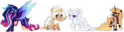 Size: 6010x1597 | Tagged: safe, artist:gihhbloonde, oc, oc only, unnamed oc, earth pony, pegasus, pony, unicorn, g4, 2024, blue eyes, braid, clothes, colored wings, colored wingtips, cross, cross necklace, earth pony oc, eyeshadow, female, golden eyes, gradient mane, gradient tail, gradient wings, gray eyes, group, happy new year 2024, horn, jewelry, leg warmers, lightly watermarked, makeup, mare, necklace, new year, open mouth, open smile, patterned hair, pegasus oc, ponytail, quartet, raised hoof, shirt, simple background, smiling, sparkly, sparkly wings, spread wings, tail, tall, transparent background, unicorn oc, watermark, wings