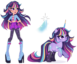 Size: 4215x3487 | Tagged: safe, artist:gihhbloonde, twilight sparkle, human, pony, unicorn, equestria girls, g4, bare midriff, belly, belly button, boots, closed mouth, clothes, colored horn, crossover fusion, eyeshadow, female, fingerless gloves, fusion, gloves, gradient hair, gradient mane, gradient tail, hand on hip, high heel boots, horn, jacket, jewelry, leggings, lightly watermarked, long horn, looking up, makeup, mare, multicolored horn, necklace, plaid skirt, platform boots, purple eyes, rearing, shoes, simple background, skirt, smiling, socks, sophia mendoza, standing, striped horn, tail, thin, transparent background, unicorn academy, watermark, windstar (unicorn academy)