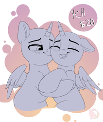 Size: 3232x3811 | Tagged: safe, artist:joaothejohn, pony, blushing, cheek kiss, commission, couple, cute, eyes closed, heart, holiday, kissing, lidded eyes, open mouth, ponytail, shipping, simple background, smiling, valentine's day, wings, your character here