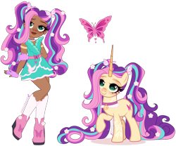 Size: 4110x3415 | Tagged: safe, artist:gihhbloonde, fluttershy, butterfly, human, pony, unicorn, equestria girls, g4, arm band, ava banji, bell, bell collar, belt, clothes, collar, colored horn, crossover fusion, dress, female, fingerless gloves, flower, flower in hair, flower in tail, fusion, gloves, green eyes, horn, leaf (unicorn academy), lightly watermarked, long horn, long mane, long tail, mare, moderate dark skin, pigtails, raised hoof, simple background, slightly chubby, socks, standing, tail, transparent background, unicorn academy, watermark
