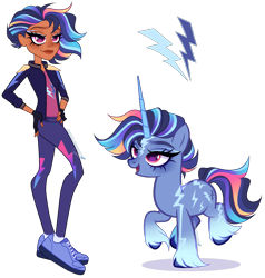 Size: 3095x3251 | Tagged: safe, artist:gihhbloonde, rainbow dash, human, pony, unicorn, equestria girls, g4, blaze (coat marking), body markings, clothes, coat markings, colored hooves, colored horn, crossover fusion, eyeshadow, facial markings, female, fingerless gloves, freckles, fusion, gloves, gradient legs, gradient mane, gradient tail, hand on hip, horn, jacket, lidded eyes, lightly watermarked, long horn, magenta eyes, makeup, mare, moderate dark skin, pants, rory carmichael, shirt, shoes, simple background, sneakers, storm (unicorn academy), tail, transparent background, unicorn academy, unshorn fetlocks, watermark