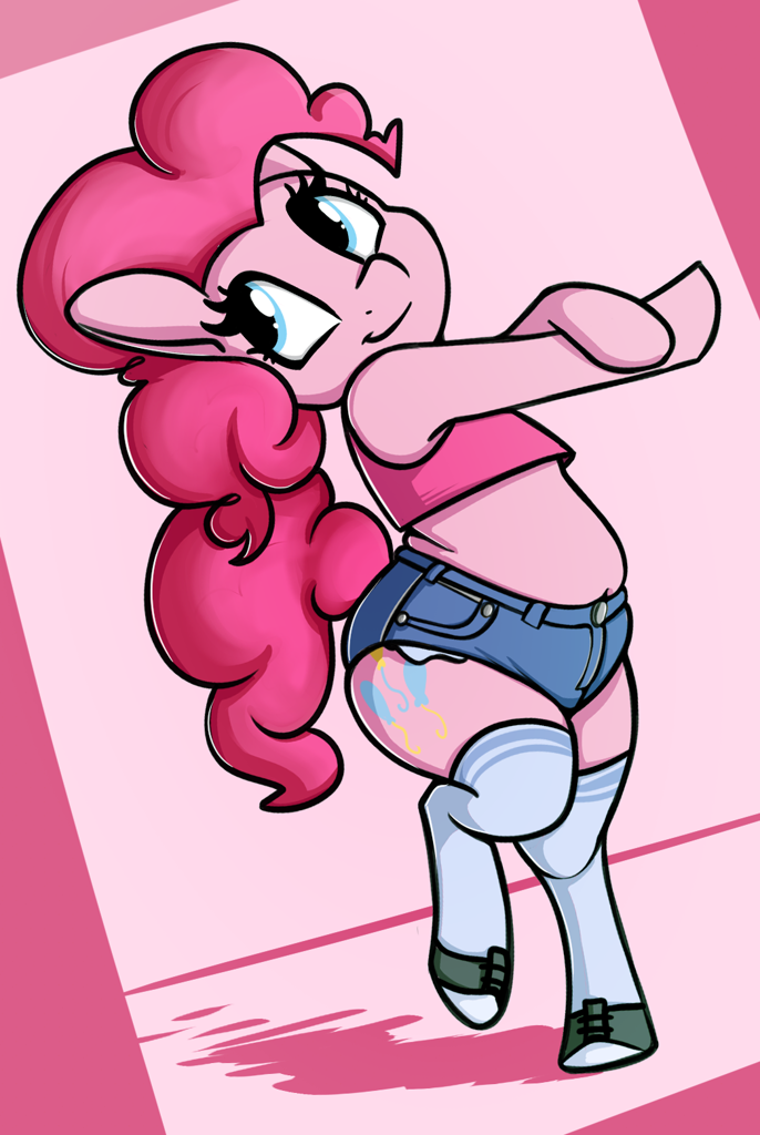 [belly,bipedal,chubby,clothes,earth pony,female,g4,kneesocks,pinkie pie,safe,semi-anthro,shorts,simple background,socks,solo,wide hips,short shirt,smiling,artist:andelai]