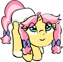 Size: 694x685 | Tagged: safe, artist:cleverround, oc, oc only, oc:crafty circles, pony, unicorn, bow, coat markings, cute, diaper, diaper fetish, face down ass up, female, fetish, filly, foal, freckles, hair bow, leaning, looking at you, looking up, looking up at you, non-baby in diaper, simple background, socks (coat markings), solo, transparent background