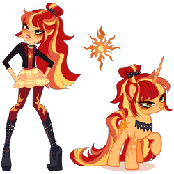 Size: 3320x3315 | Tagged: safe, artist:gihhbloonde, sunset shimmer, human, pony, unicorn, equestria girls, g4, boots, cinder (unicorn academy), closed mouth, clothes, collar, colored hooves, crossover fusion, female, fusion, fusion:sunset shimmer, green eyes, hand on hip, horn, jacket, leather, leather jacket, leggings, lidded eyes, lightly watermarked, long horn, mare, plaid skirt, ponytail, raised hoof, shirt, shoes, simple background, skirt, smiling, transparent background, unicorn academy, valentina furi, watermark