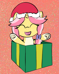 Size: 1200x1500 | Tagged: safe, artist:craftycirclepony, oc, oc only, oc:crafty circles, pony, unicorn, christmas, coat markings, cute, eyes closed, female, filly, foal, freckles, happy, hat, holiday, present, santa hat, smiling, socks (coat markings), solo, underhoof