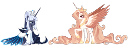 Size: 5033x1802 | Tagged: safe, artist:gihhbloonde, princess celestia, princess luna, alicorn, pony, g4, blue eyes, closed mouth, clothes, coat markings, colored wings, colored wingtips, concave belly, crown, duo, ethereal mane, ethereal tail, eyeshadow, facial markings, female, folded wings, gradient mane, gradient tail, hair bun, hoof shoes, horn, jewelry, kimono (clothing), lightly watermarked, long horn, long mane, long tail, looking up, makeup, mare, peytral, pink eyes, princess shoes, raised hoof, redesign, regalia, siblings, simple background, sisters, slender, smiling, spread wings, star (coat marking), starry mane, tail, thin, transparent background, watermark, white-haired luna, wings