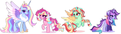 Size: 5592x1597 | Tagged: safe, artist:gihhbloonde, oc, oc only, unnamed oc, alicorn, pegasus, pony, unicorn, g4, alicorn oc, bow, braid, closed mouth, clothes, colored wings, colored wingtips, crown, female, folded wings, freckles, gradient eyebrows, gradient mane, gradient tail, gradient wings, grin, group, hair bow, hoodie, hoof shoes, horn, jewelry, leonine tail, lidded eyes, lightly watermarked, long mane, long tail, looking at you, magical lesbian spawn, mare, multicolored hair, offspring, open mouth, open smile, orange eyes, parent:applejack, parent:pinkie pie, parent:princess cadance, parent:rainbow dash, parent:twilight sparkle, parents:appledash, parents:cadash, parents:pinkiedash, parents:twidash, pegasus oc, pigtails, pink eyes, princess shoes, quartet, rainbow eyeshadow, rainbow hair, raised hoof, regalia, simple background, smiling, socks, tail, transparent background, unicorn oc, watermark, wings