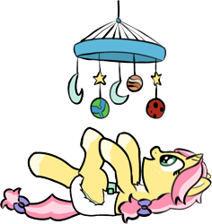 Size: 920x974 | Tagged: safe, artist:cleverround, oc, oc only, oc:crafty circles, pony, unicorn, bow, butt freckles, coat markings, cute, diaper, diaper fetish, female, fetish, filly, foal, freckles, hair bow, lying down, mobile, moon, non-baby in diaper, on back, open mouth, planet, playing, raised leg, simple background, smiling, socks (coat markings), solo, stars, transparent background