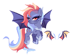 Size: 2256x1746 | Tagged: safe, artist:gihhbloonde, oc, oc only, unnamed oc, bat pony, pony, g4, animated, bat pony oc, closed mouth, colored wings, ear piercing, earring, eyeshadow, female, flying, gif, gradient wings, hoof shoes, jewelry, lidded eyes, lightly watermarked, looking at you, makeup, mare, multicolored hair, offspring, orange eyes, parent:night guard, parent:rainbow dash, peytral, piercing, rainbow hair, simple background, slit pupils, smiling, solo, transparent background, turned head, watermark, wings
