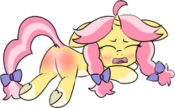Size: 1695x1051 | Tagged: safe, artist:craftycirclepony, oc, oc only, oc:crafty circles, pony, unicorn, abuse, blank flank, blushing, bow, butt, butt freckles, coat markings, crying, cute, dock, eyes closed, female, filly, floppy ears, foal, freckles, hair bow, heart butt, hoof heart, lying down, open mouth, pigtails, plot, prone, reddened butt, sad, socks (coat markings), solo, spanked, tail, underhoof
