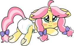 Size: 1695x1051 | Tagged: safe, artist:cleverround, oc, oc only, oc:crafty circles, pony, unicorn, blushing, bow, butt, butt freckles, coat markings, cute, diaper, diaper fetish, dock, female, fetish, filly, floppy ears, foal, freckles, frog (hoof), hair bow, heart butt, looking at you, lying down, mare, non-baby in diaper, plot, prone, simple background, smiling, socks (coat markings), solo, tail, transparent background, underhoof, wavy mouth
