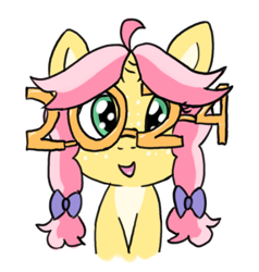 Size: 536x564 | Tagged: safe, artist:craftycirclepony, oc, oc only, oc:crafty circles, unicorn, 2024, bow, bust, cute, female, filly, foal, freckles, glasses, hair bow, happy, happy new year, holiday, looking at you, new year, open mouth, simple background, solo, white background