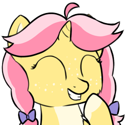 Size: 706x706 | Tagged: safe, artist:craftycirclepony, oc, oc only, oc:crafty circles, unicorn, bust, eyes closed, female, filly, foal, freckles, giggling, hoof over mouth, laughing, not kettle corn, raised leg, simple background, smiling, solo, transparent background