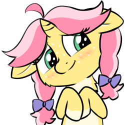 Size: 749x749 | Tagged: safe, artist:craftycirclepony, oc, oc only, oc:crafty circles, pony, unicorn, blushing, bow, bust, coat markings, cute, female, filly, floppy ears, foal, freckles, hair bow, hooves to the chest, lidded eyes, not kettle corn, shy, simple background, socks (coat markings), solo, transparent background