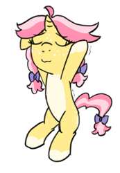 Size: 356x514 | Tagged: safe, artist:craftycirclepony, oc, oc only, oc:crafty circles, unicorn, butt freckles, coat markings, cute, eyes closed, female, filly, floppy ears, foal, freckles, raised leg, simple background, sitting, socks (coat markings), solo, stretching, white background