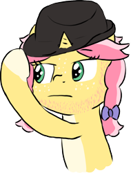 Size: 906x1191 | Tagged: safe, artist:craftycirclepony, oc, oc only, oc:crafty circles, pony, unicorn, :|, bow, bust, coat markings, facial hair, fedora, female, filly, foal, hair bow, hat, raised leg, simple background, socks (coat markings), solo, tips fedora, transparent background