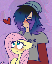 Size: 1041x1280 | Tagged: safe, artist:scarecrowkitty, fluttershy, oc, oc:adrion, human, pegasus, pony, g4, beanie, blushing, chromatic aberration, crossover, dyed hair, emo, eye clipping through hair, female, floppy ears, fluffy, hat, heart, holding a pony, hollywood undead, male, mare, not shipping, purple background, simple background, smiling