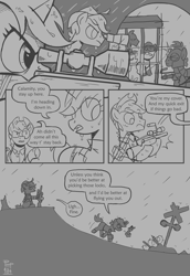 Size: 3300x4800 | Tagged: safe, artist:php104, oc, oc only, oc:calamity, oc:littlepip, pegasus, pony, unicorn, fallout equestria, binoculars, comic, gun, monochrome, rain, rifle, sketch, speech bubble, weapon