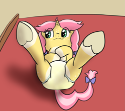 Size: 1549x1384 | Tagged: safe, artist:cleverround, oc, oc only, oc:crafty circles, pony, unicorn, bow, butt, butt freckles, changing table, coat markings, cute, diaper, diaper change, diaper fetish, female, fetish, filly, foal, freckles, frog (hoof), hair bow, happy, hoof heart, looking sideways, lying down, mare, offscreen character, on back, plot, pov, smiling, socks (coat markings), solo, underhoof, urine, wet diaper