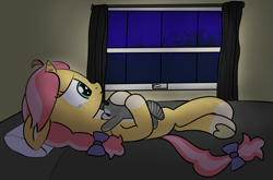 Size: 1781x1178 | Tagged: safe, artist:craftycirclepony, oc, oc only, oc:crafty circles, pony, raccoon, bed, bedroom, bow, butt freckles, coat markings, crying, freckles, hair bow, hoof heart, hug, looking out the window, night, night sky, pillow, plushie, sad, sky, socks (coat markings), solo, stargazing, teary eyes, underhoof, window