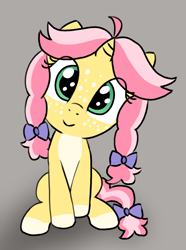 Size: 986x1322 | Tagged: safe, artist:craftycirclepony, oc, oc only, oc:crafty circles, pony, unicorn, bow, coat markings, cute, facial freckles, female, filly, foal, freckles, gray background, hair bow, head tilt, innocent, looking at you, pale belly, pigtails, simple background, sitting, smiling, smiling at you, socks (coat markings), solo, tail, tail bow