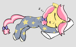Size: 1596x1004 | Tagged: safe, artist:craftycirclepony, oc, oc only, oc:crafty circles, pony, unicorn, bow, clothes, coat markings, cute, eyes closed, floppy ears, footed sleeper, freckles, gray background, hair bow, lying down, onesie, onomatopoeia, open mouth, pajamas, pillow, simple background, sleeping, socks (coat markings), solo, sound effects, stars, zzz