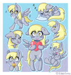 Size: 3000x3200 | Tagged: safe, artist:bubblegooey, derpy hooves, pegasus, pony, g4, :3, :p, ^^, bleh, blush sticker, blushing, cute, derp, derpabetes, ear fluff, expressions, eyes closed, female, floppy ears, flying, folded wings, food, gradient background, gray coat, happy, heart, high res, holding, laughing, letter, lidded eyes, looking at you, looking back, lying down, mailmare, mare, mouth hold, muffin, onomatopoeia, open mouth, open smile, pillow, prone, raised hoof, raised leg, signature, sitting, sleeping, smiling, smug, solo, sound effects, sparkles, spread wings, standing, standing on two hooves, starry eyes, surprised, tongue out, wingding eyes, wings, yellow eyes, yellow mane, zzz