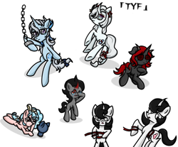 Size: 980x810 | Tagged: safe, artist:taoyvfei, cozy glow, king sombra, oc, oc:isaac, oc:taoyvfei, earth pony, pegasus, pony, unicorn, g4, bipedal, crying, genshin impact, horn, lilith (the binding of isaac), neuvillette (genshin impact), shenhe (genshin impact), the binding of isaac