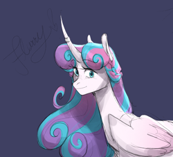 Size: 2476x2251 | Tagged: safe, artist:stellardoodles, princess flurry heart, alicorn, pony, g4, blue background, bust, curved horn, female, high res, horn, horn ring, looking at you, mare, older, older flurry heart, ring, simple background, smiling, smiling at you, solo