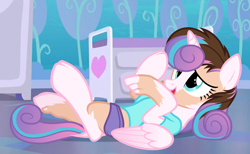 Size: 1700x1050 | Tagged: safe, artist:anonymous, princess flurry heart, alicorn, human, pony, g4, /ptfg/, brown hair, clothes, dock, female, folded wings, human to pony, indoors, lying down, mare, mid-transformation, older, older flurry heart, on back, open mouth, open smile, shirt, show accurate, smiling, solo, tail, toenails, transformation, underwear, wings