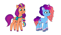 Size: 3072x1754 | Tagged: safe, artist:caseyben887, misty brightdawn, sunny starscout, earth pony, pony, unicorn, g5, my little pony: tell your tale, spoiler:g5, bag, duo, duo female, female, mane stripe sunny, mare, rebirth misty, saddle bag, simple background, smiling, transparent background