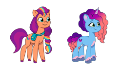 Size: 3072x1754 | Tagged: safe, artist:caseyben887, misty brightdawn, sunny starscout, earth pony, pony, unicorn, g5, my little pony: tell your tale, spoiler:g5, bag, concave belly, duo, duo female, female, mane stripe sunny, mare, physique difference, rebirth misty, saddle bag, simple background, slender, smiling, thin, transparent background