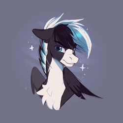 Size: 4000x4000 | Tagged: safe, artist:nettlemoth, oc, oc only, oc:squall windfeather, pegasus, pony, blue eyes, bust, chest fluff, countershading, floppy ears, handsome, looking sideways, male, pegasus oc, portrait, scar, sketch, smiling, smirk, sparkles, stallion, three toned mane