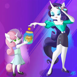 Size: 3456x3456 | Tagged: safe, artist:bluedragon0812, rarity, sweetie belle, unicorn, anthro, plantigrade anthro, g4, abstract background, belle sisters, clothes, coin, cute, darling jar, diasweetes, dress, duo, duo female, eyeshadow, female, filly, foal, glasses, glasses off, gradient background, high heels, jar, lidded eyes, makeup, mare, mary janes, rarity being rarity, rarity's glasses, shoes, siblings, sisters, skirt, swear jar