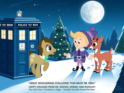 Size: 1024x768 | Tagged: safe, artist:tim-kangaroo, doctor whooves, time turner, deer, earth pony, elf, pony, reindeer, g4, christmas, christmas lights, christmas tree, crossover, doctor who, footprint, full moon, hermey, holiday, male, moon, night, rankin/bass, rudolph the red nosed reindeer, snow, stallion, subtitles, tardis, the doctor, tree