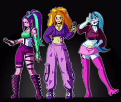 Size: 8363x7016 | Tagged: safe, artist:new-ereon, adagio dazzle, aria blaze, sonata dusk, human, equestria girls, g4, absurd resolution, belly button, boots, clothes, dark background, female, microphone, midriff, outline, shoes, socks, tattoo, the dazzlings, thigh boots, thigh highs, trio, trio female, white outline