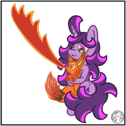 Size: 2000x2000 | Tagged: safe, artist:dice-warwick, oc, oc:fizzy fusion pop, foxparks, pony, unicorn, female, fire, flamethrower, hug, mare, palworld, simple background, transparent background, weapon