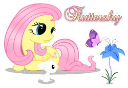 Size: 4328x3000 | Tagged: safe, artist:forsakensharikan, angel bunny, fluttershy, butterfly, pegasus, pony, g4, female, flower, folded wings, looking at something, lying down, mare, name, poison joke, prone, simple background, text, transparent background, vector, wings
